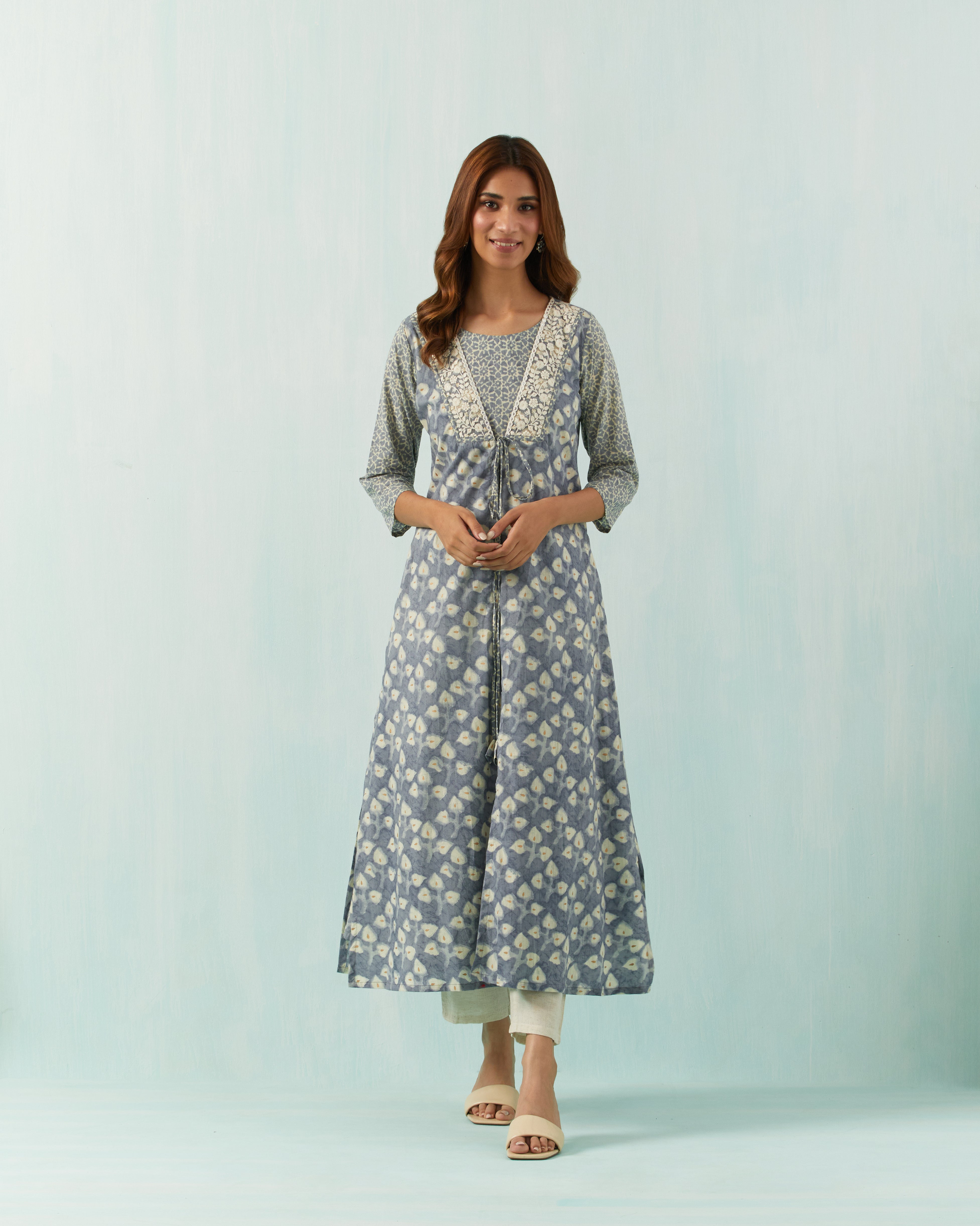 COTTON OVERLAY KURTA WITH EMBROIDERED COLLAR