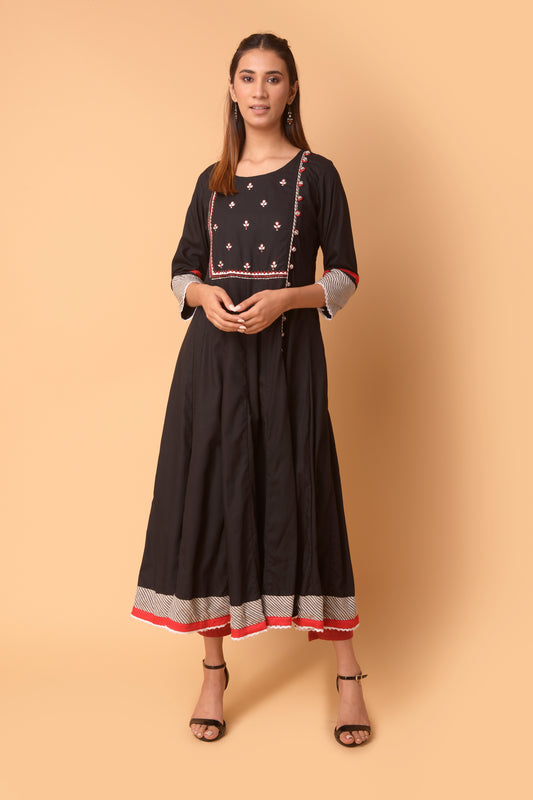 BLACK COTTON KURTA WITH EMBROIDERED YOKE