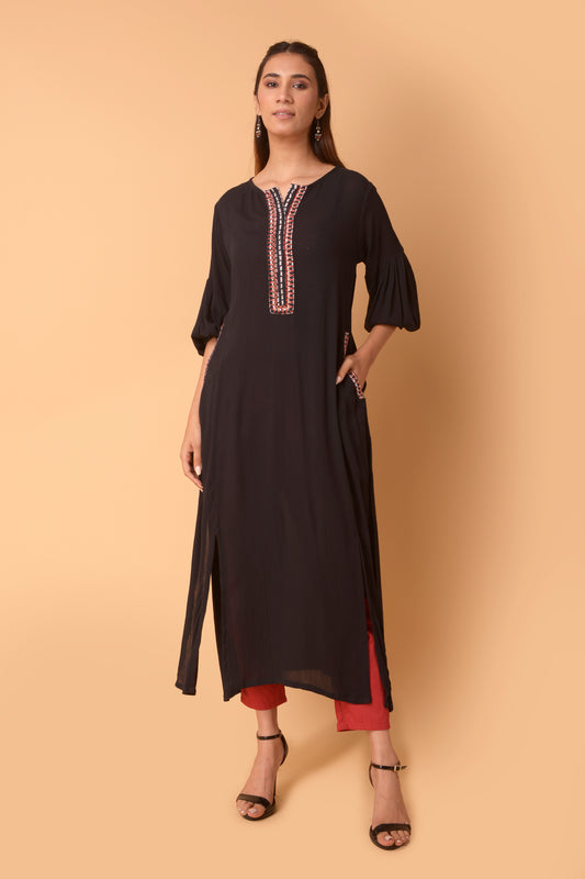 BLACK COTTON KURTA WITH CONTRAST PLACKET