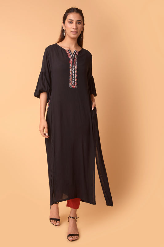 BLACK COTTON KURTA WITH CONTRAST PLACKET