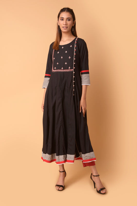 BLACK COTTON  KURTA WITH EMBROIDERED YOKE